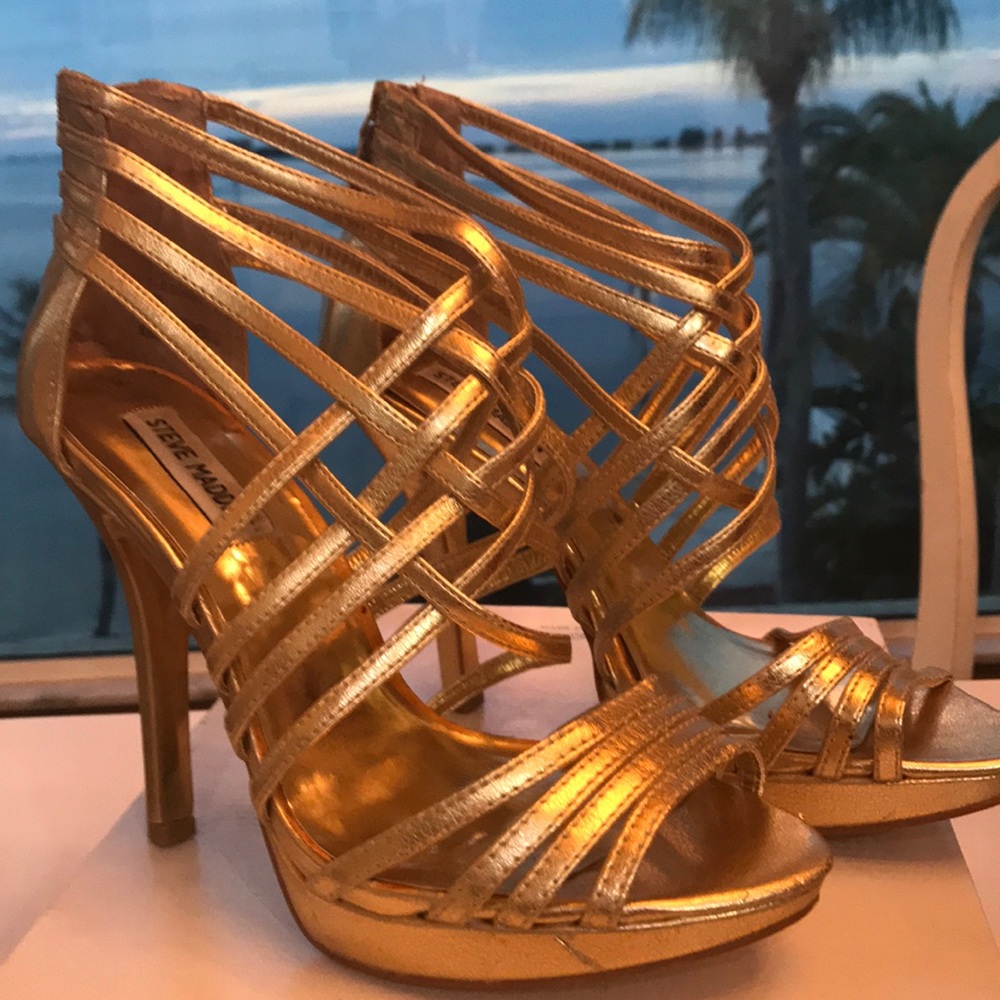 Gold strappy ankle heels